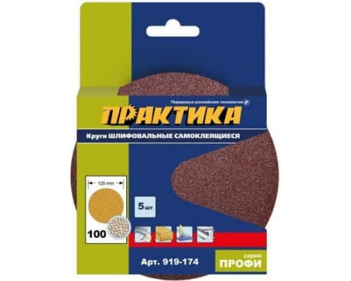 Круг шлифовальный на липучке ПРАКТИКА 125 мм, P100 без отверстий (5шт.) 919-174