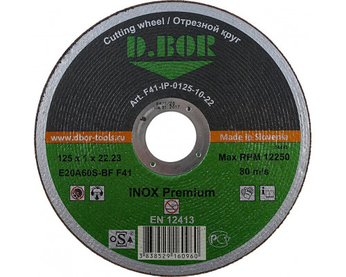 Диск отрезной по нержавеющей стали D.BOR 115х1,0х22.2 мм E20A60S-BF INOX Premium D3-F41-IP-0115-10-22