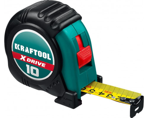 Рулетка KRAFTOOL X-Drive 10 м/25 мм с ударостойким обрезиненным корпусом 34122-10