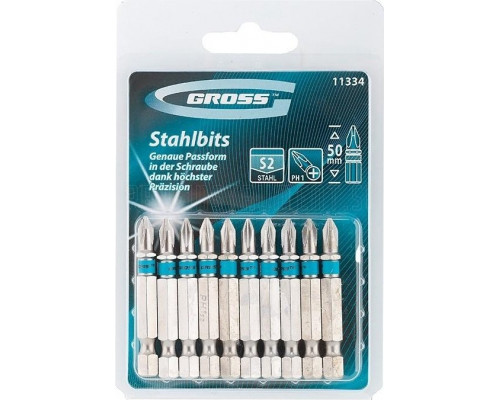Набор насадок GROSS ph1х50 бит, сталь s2, 10 шт. 11334