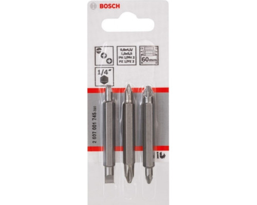 Бита для заворачивания двусторон. BOSCH PH1, PZ1, S 0,6x4,5; PH2, PZ2, мм (уп.3шт) 2607001745