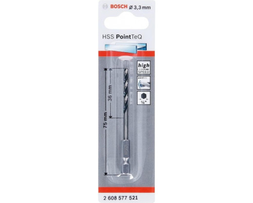 Сверло по металлу BOSCH 3,3 х 36/75 мм, HSS PointTeQ с шестигранным хвостовиком 2608577521