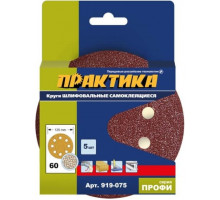 Круг шлифовальный на липучке ПРАКТИКА 125 мм P 60 8 отверстий, (5шт.) 919-075