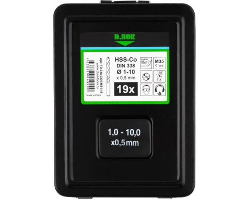 Набор сверл по металлу D.BOR COBALT HSS-Co 19 шт. 5%, din 338 (1-10х0,5 мм) D-TD-338-CO5-MS1-19
