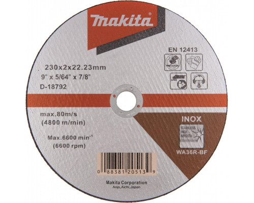 Отрезной круг по нержавеющей стали MAKITA 230х2х22.23 мм WA36 D-18792 D-18792
