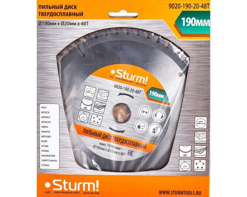Пильный диск по дереву Sturm 9020-190-20-48T 190x20/16x48 зубьев