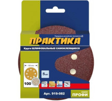 Круг шлифовальный на липучке ПРАКТИКА 125 мм P100 8 отверстий, (5шт.) 919-082