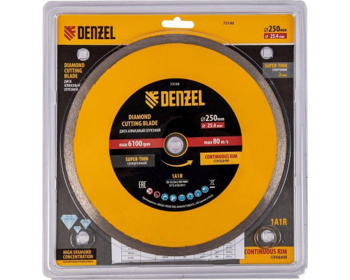 Алмазный диск для резки керамики Denzel сплошной, супертонкий, 250х25,4 мм, мокрый рез 73160