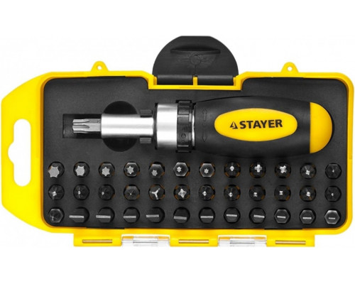 Отвертка реверсивная в наборе с битами STAYER Compact Cr-V сталь, 38 предметов 2557-H38