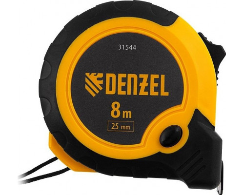 Рулетка DENZEL 8м х 25мм, двухкомпонентный корпус, кнопка-пауза 31544