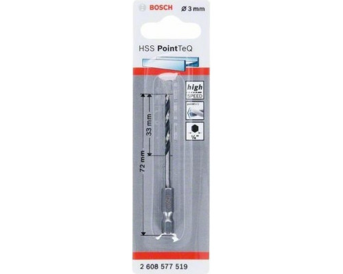 Сверло по металлу BOSCH 3,0 х 33/72 мм, HSS PointTeQ с шестигранным хвостовиком 2608577519