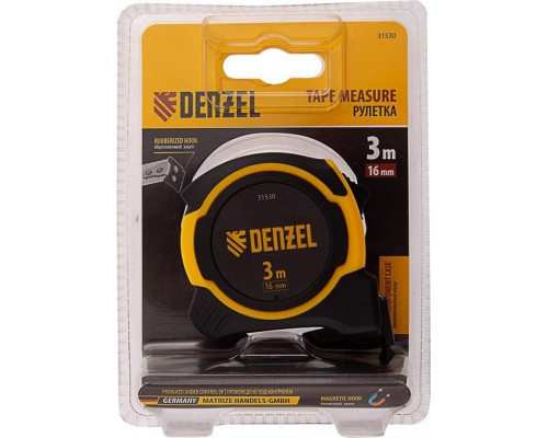 Рулетка DENZEL 3 м х 16 мм, двухкомпонентный корпус, магнитный обрезной зацеп 31530