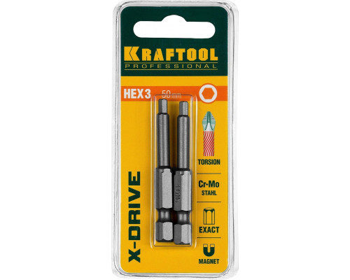 Бита для заворачивания KRAFTOOL X-DRIVE HEX3 торсионные кованые, обточенные, 50мм, 2шт. 26127-3-50-2