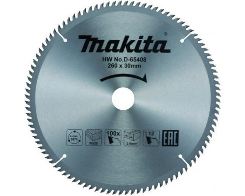 Пильный диск по дереву MAKITA 260x30x1,8x100T D-65408