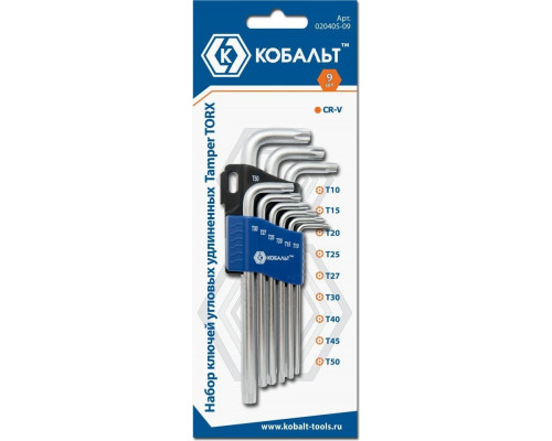 Набор ключей TORX Кобальт 020405-09 угловых удлиненных tamper, 9 шт.