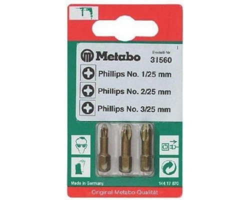 Набор насадок METABO Torsion PH 1/2/3 х25 мм (3шт) 631560000