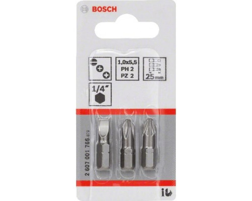 Бита для заворачивания BOSCH Extra Hard 25 мм S1.0х5.5/PH2/PZ2 3шт 2607001766