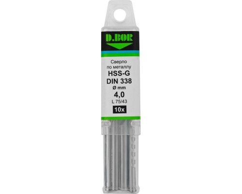 Сверло по металлу D.BOR HSS-G 4.0х43/75 мм шлифованное din 338 (арт. td-338-hss-040-10) (10 шт.) D-TD-338-HSS-040-10