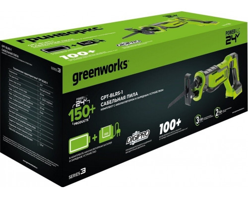 Пила сабельная аккумуляторная GREENWORKS GPT-BLRS-1 24V, АКБ 4Ач и ЗУ 1200607CUB