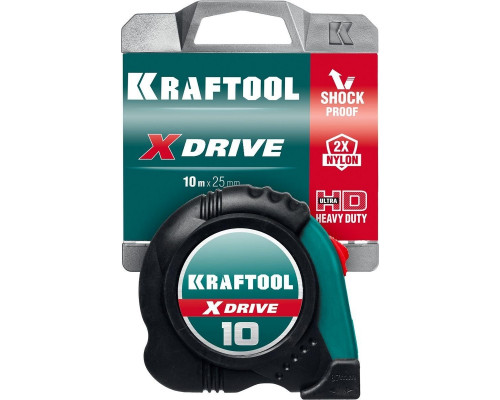 Рулетка KRAFTOOL X-Drive 10 м/25 мм с ударостойким обрезиненным корпусом 34122-10