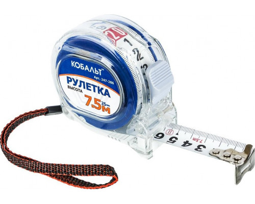 Рулетка Кобальт 247-286, 7,5 м x 25 мм, прозрачный корпус