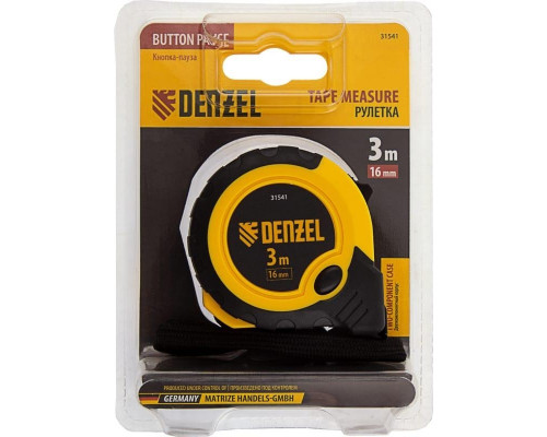 Рулетка DENZEL 3 м х 16 мм, двухкомпонентный корпус, кнопка-пауза 31541