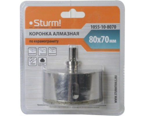 Алмазная коронка для мокрого сверления Sturm 1055-10-8070 по керамограниту 80х70 мм, хвост. с проточками