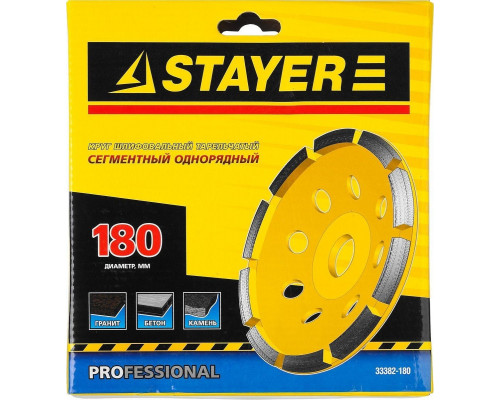 Алмазная чашка STAYER PROFESSIONAL сегментная однорядная, высота 22,2мм, 180мм 33382-180