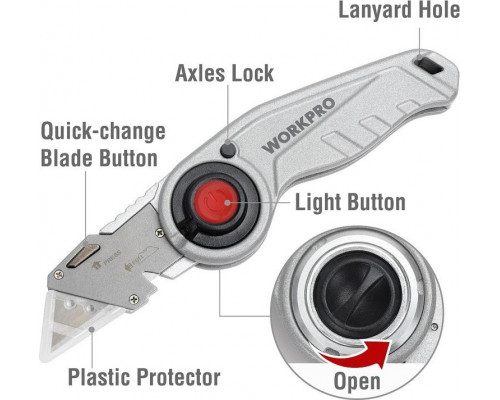 Нож складной WORKPRO WP211009 со сменными лезвиями и подсветкой