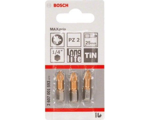 Бита для заворачивания BOSCH Max Grip 25 мм PZ2 3шт 2607001593
