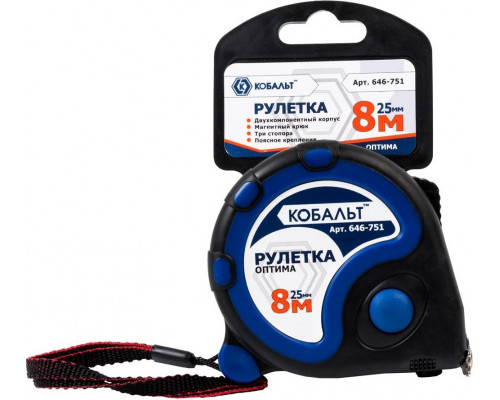Рулетка Кобальт 646-751 оптима 8м x 25мм двухкомпонентный корпус