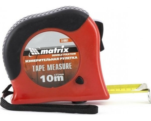 Рулетка MATRIX 10 м х 25 мм double fixation, обрезиненный корпус 31061