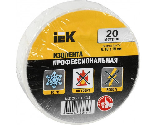 Изолента IEK ПВХ 0.18х19мм бел. (рул. 20м) UIZ-20-10-K01