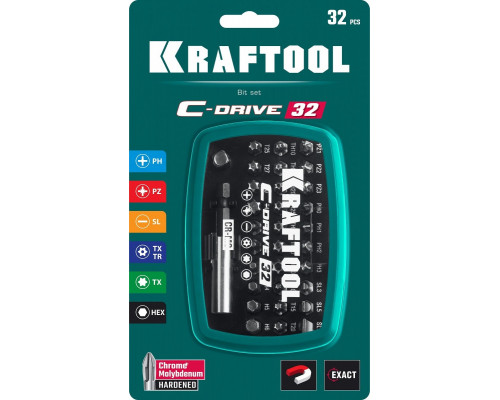 Набор бит KRAFTOOL C-Drive 32 многофун., адаптеры, цветная маркир. 32 пред. 26067-H32