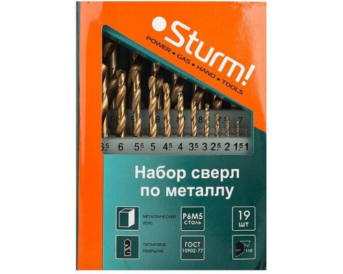 Набор сверл по металлу Sturm 1055-03-SS3 титан. покрытие 1.0-10мм, 19шт. в металл. кейсе