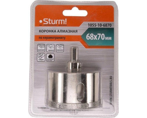 Алмазная коронка для мокрого сверления Sturm 1055-10-6870 по керамограниту 68х70 мм, хвост. с проточками