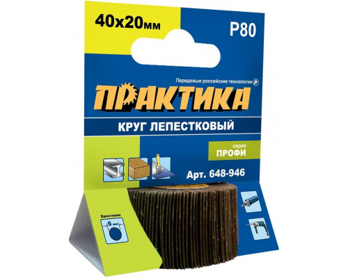 Круг лепестковый ПРАКТИКА Профи с оправкой 40х20мм, p 80, хвостовик 6 мм. 648-946
