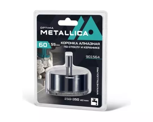 Алмазная коронка для мокрого сверления METALLICA Optima 60x55 мм #80 по стеклу, плитке 901564 Алмазная коронка для мокрого сверления METALLICA Optima 60x55 мм #80 по стеклу, плитке 901564