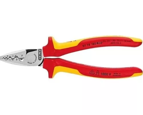 Клещи электромонтажные диэлектрические KNIPEX 9778180SB 180 мм для обжима гильз, 2к рукоятки [KN-9778180SB]