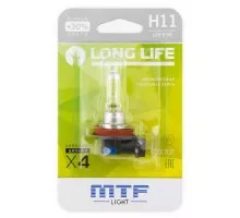 Лампа галогеновая MTF LIGHT H11 12V 55W LONG LIFE x4 блистер HLL1211b