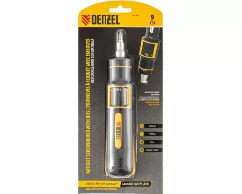 Отвертка с битами DENZEL 7711601 реверсивная с револьверным механизмом, 9в1, сталь Отвертка с битами DENZEL 7711601 реверсивная с револьверным механизмом, 9в1, сталь