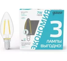 Лампа светодиодная GAUSS Filament Cвеча E14 7W 580lm 4100К LED (в упаковке 3шт) [103901207T]