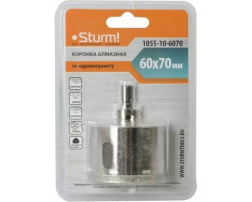 Алмазная коронка для мокрого сверления STURM 1055-10-6070 по керамограниту 60х70 мм, хвост. с проточками Алмазная коронка для мокрого сверления STURM 1055-10-6070 по керамограниту 60х70 мм, хвост. с проточками
