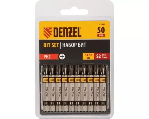Набор бит DENZEL PH2х50 сталь s2, шестигранный профиль, 10 шт. [11649]