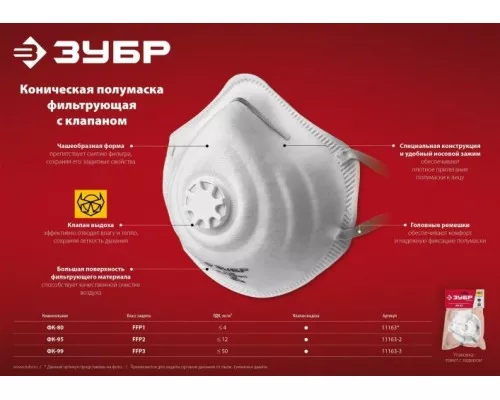 Полумаска ЗУБР ФК-99 коническая, фильтрующая с клапаном ffp3 [11163-3]