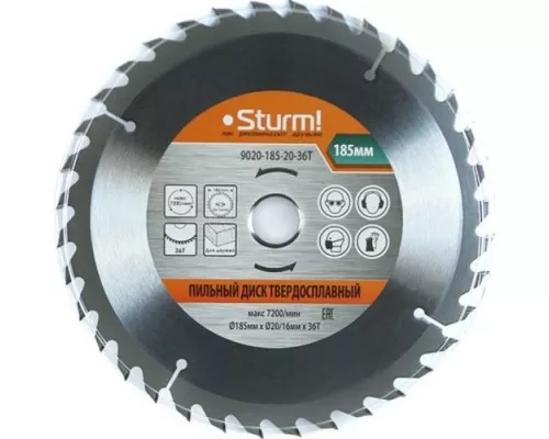 Пильный диск по дереву STURM 9020-185-20-36T 185x20x36 зубьев, переходное кольцо 16 мм Пильный диск по дереву STURM 9020-185-20-36T 185x20x36 зубьев, переходное кольцо 16 мм