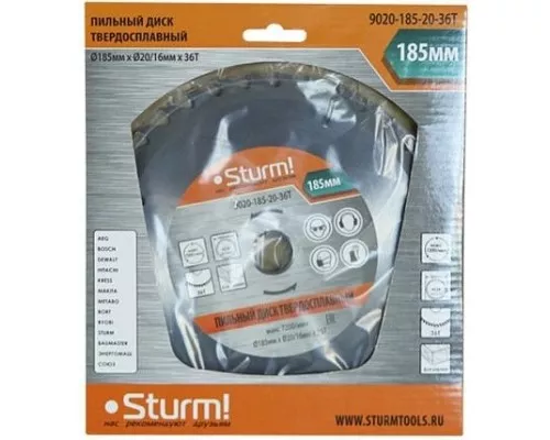 Пильный диск по дереву STURM 9020-185-20-36T 185x20x36 зубьев, переходное кольцо 16 мм Пильный диск по дереву STURM 9020-185-20-36T 185x20x36 зубьев, переходное кольцо 16 мм