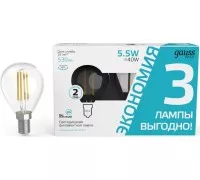 Лампа светодиодная GAUSS Basic Filament Шар 5,5W 530lm 4100К Е14 LED (3 лампы в упаковке) 1051126T