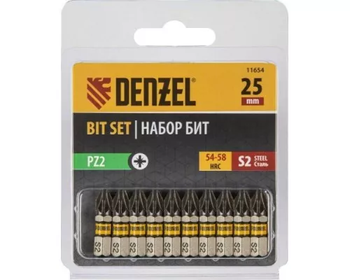 Набор бит DENZEL PZ2х25 сталь s2, шестигранный профиль, 10 шт. [11654]