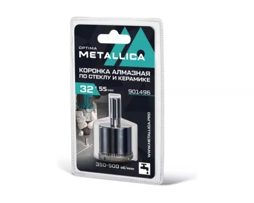 Алмазная коронка для мокрого сверления METALLICA Optima 32x55 мм #80 по стеклу, плитке 901496 Алмазная коронка для мокрого сверления METALLICA Optima 32x55 мм #80 по стеклу, плитке 901496